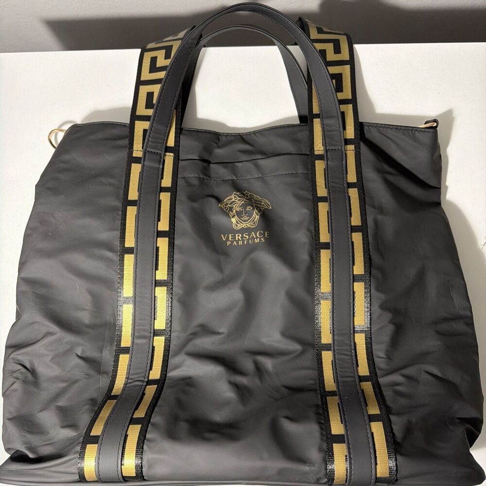 Versace Parfums Black Shoulder Bag Gold Medusa Logo Meandros Pattern Tote Bags